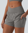 SoftlyZero™ Airy Crossover High Waisted 2-in-1 Cool Touch Yoga Shorts 3'' with Pockets - Steeple Gray