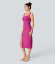 SoftlyZero™ Airy Square Neck Backless Corset Ruched Split Bodycon Midi Cool Touch Bridesmaid and Wedding Guest Dress - Fuchsia Fedora