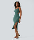 Ruched Lace Up Bodycon Midi Casual Dress - Blue Spruce