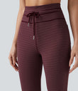 High Waisted Drawstring Stripe Flare Yoga Pants with Pockets - Burgundy Wine