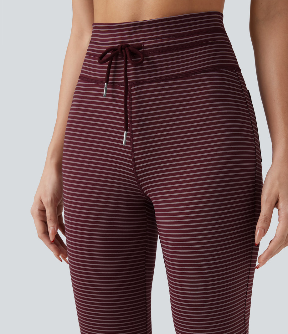 High Waisted Drawstring Stripe Flare Yoga Pants with Pockets - Burgundy Wine