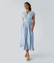 Breezeful™ V Neck Short Sleeve Pocket Tie Back Quick Dry Midi Casual Dress-Longer Length - Ballad Blue