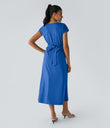 Breezeful™ V Neck Short Sleeve Pocket Tie Back Quick Dry Midi Casual Dress-Longer Length - Nebulas Blue