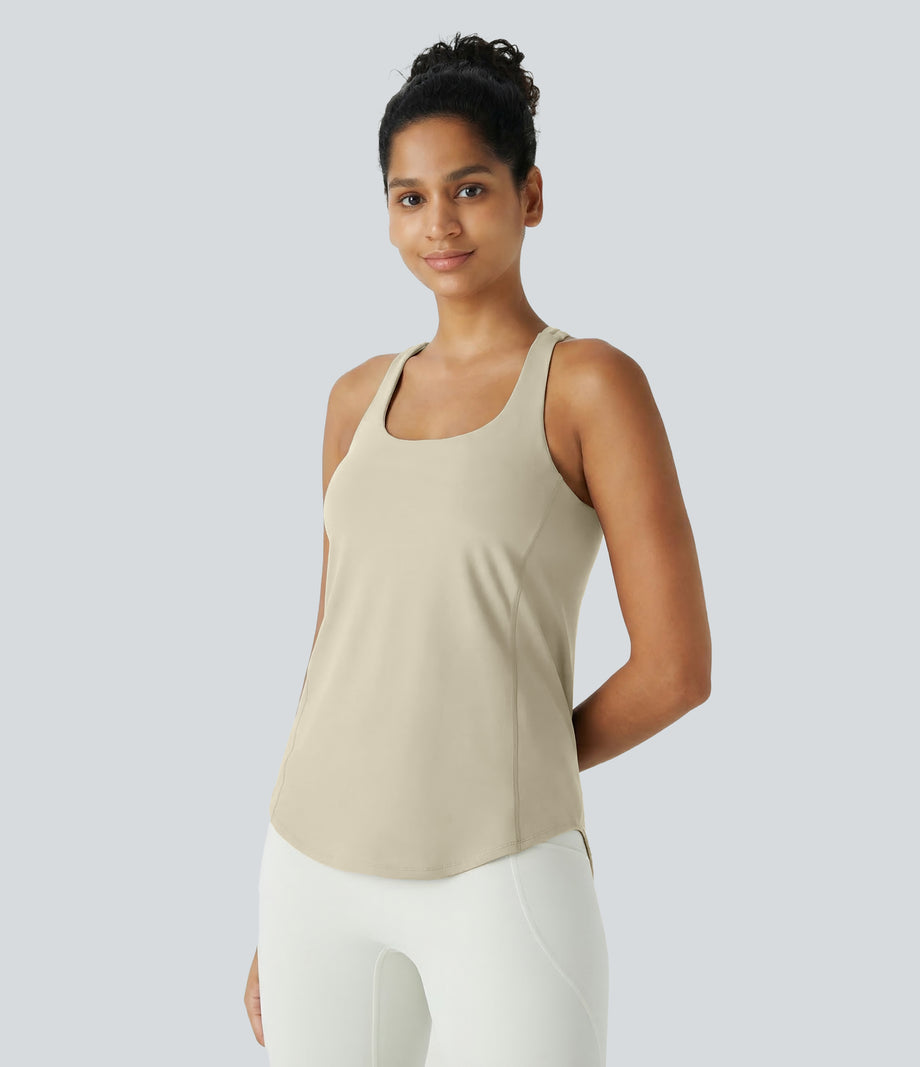 Halara UltraSculpt™ Round Neck Curved Hem Workout Tank Top - Almond Milk