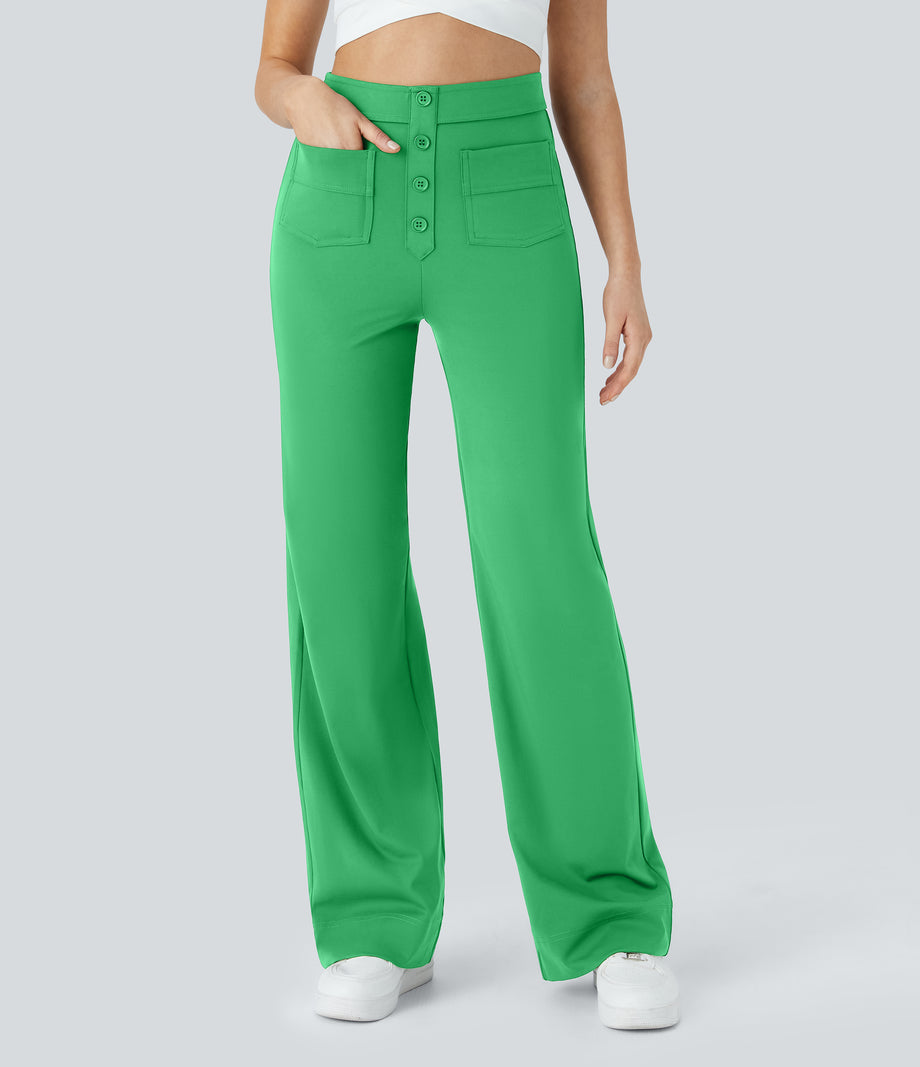DayStretch High Waisted Pockets Straight Leg Casual Pants - Irish Green