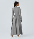 Mock-neck Long Sleeve Pocket Flare Maxi Casual Dress - Ultimate Gray
