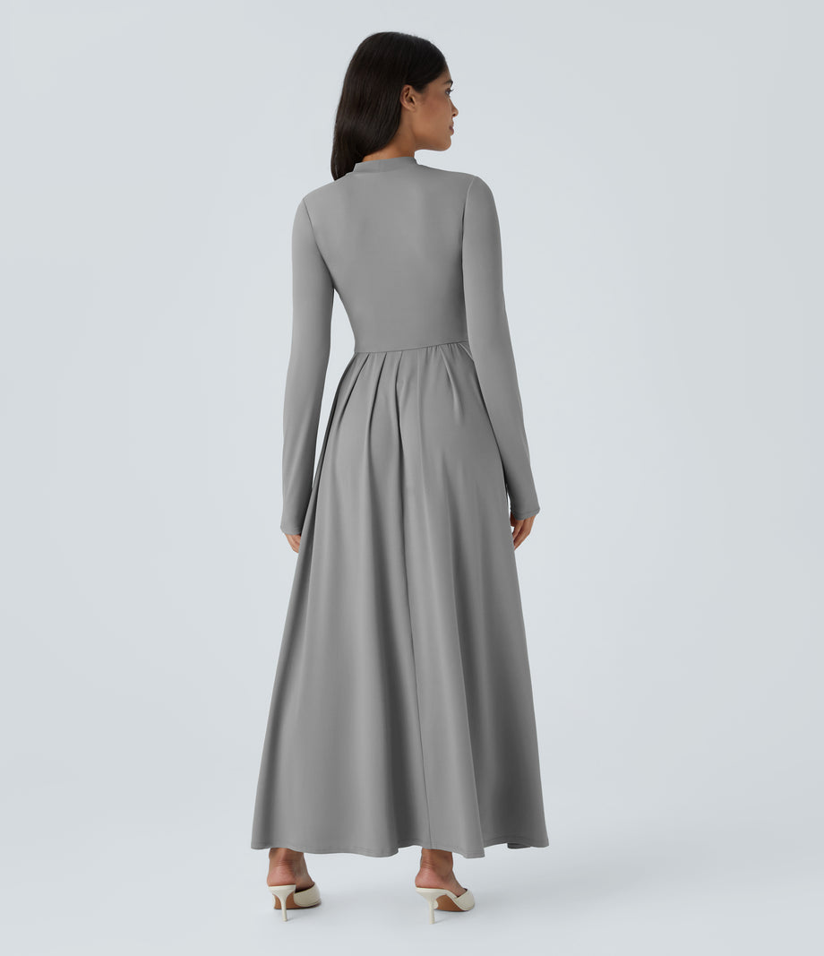 Mock-neck Long Sleeve Pocket Flare Maxi Casual Dress - Ultimate Gray