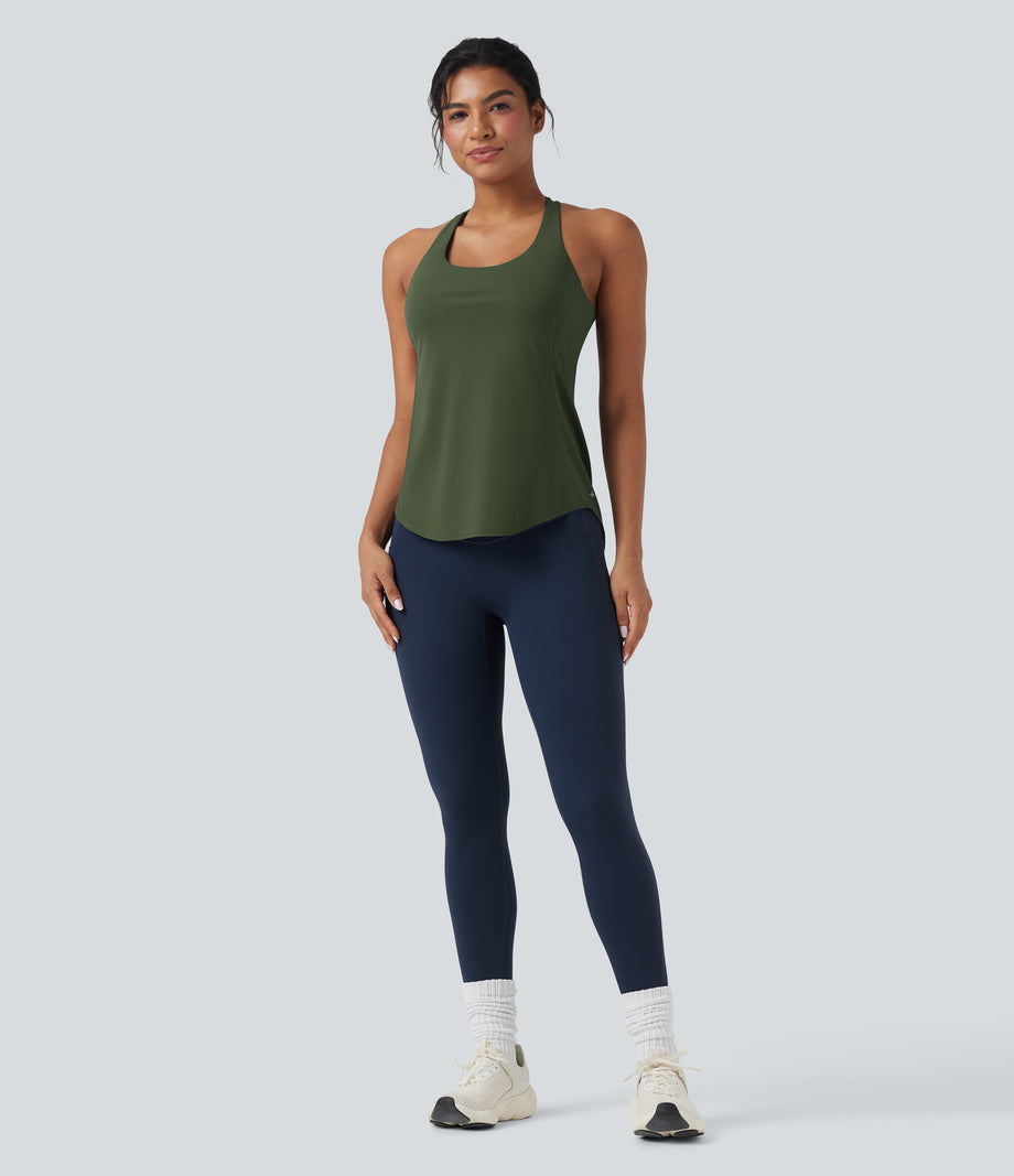 Halara UltraSculpt™ Round Neck Crisscross Back Running Tank Tops DD-F Cups - Deep Woodland Green