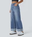 Halara Flex™ High Waisted Pockets Rolled Hem Wide Leg Washed Casual Jeans - Cedar Blue Denim