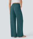 High Waisted Drawstring Pocket Wide Leg Baggy Casual Linen-Feel Pants - Atlantic Deep