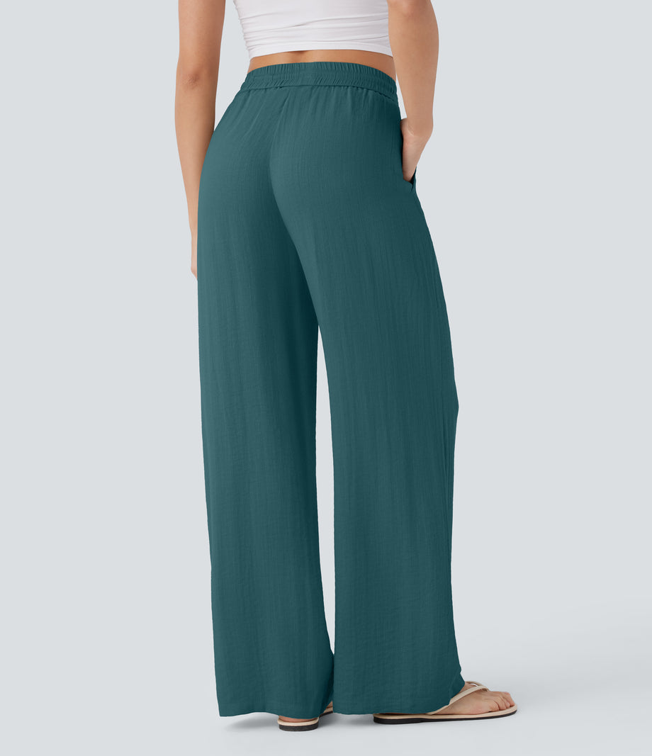 High Waisted Drawstring Pocket Wide Leg Baggy Casual Linen-Feel Pants - Atlantic Deep