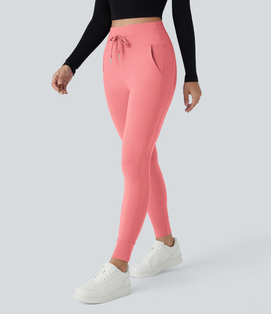 SoftlyZero™ Plush High Waisted Drawstring Pocket Plain Full Length Joggers - Shell Pink