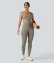High Waisted Drawstring Striped Yoga Leggings with Pockets - Sandstone Beige