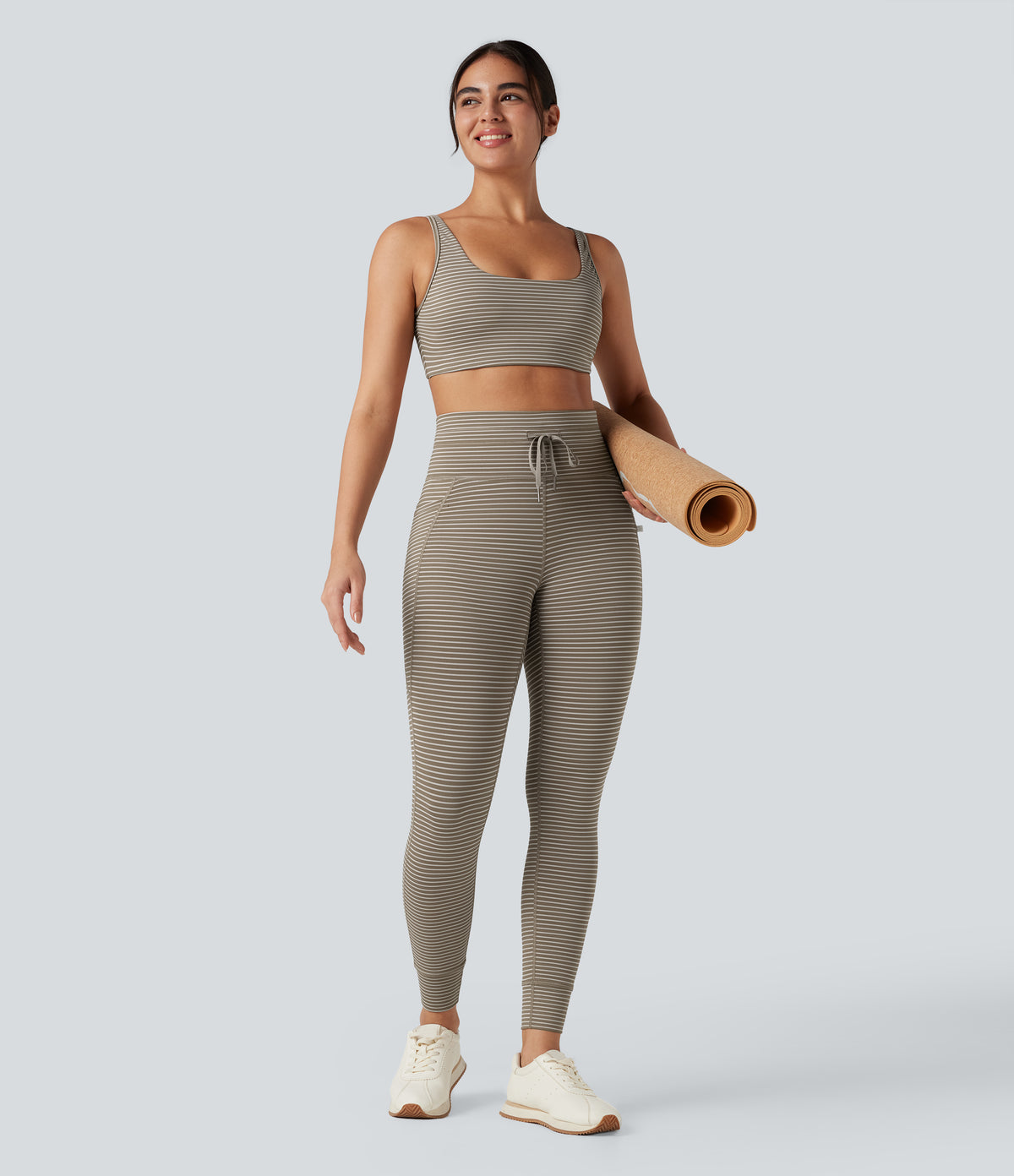 High Waisted Drawstring Striped Yoga Leggings with Pockets - Sandstone Beige