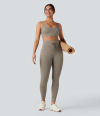 High Waisted Drawstring Striped Yoga Leggings with Pockets - Sandstone Beige