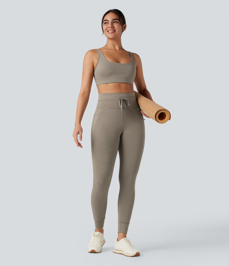 High Waisted Drawstring Striped Yoga Leggings with Pockets - Sandstone Beige