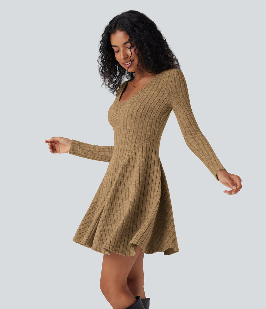 Ribbed Knit V Neck Long Sleeve Flare Mini Casual Dress with Pockets - Tan