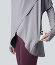 Hooded Cowl Neck Long Sleeve Thumb Hole Yoga Sports Top with Pockets - Mist Grey