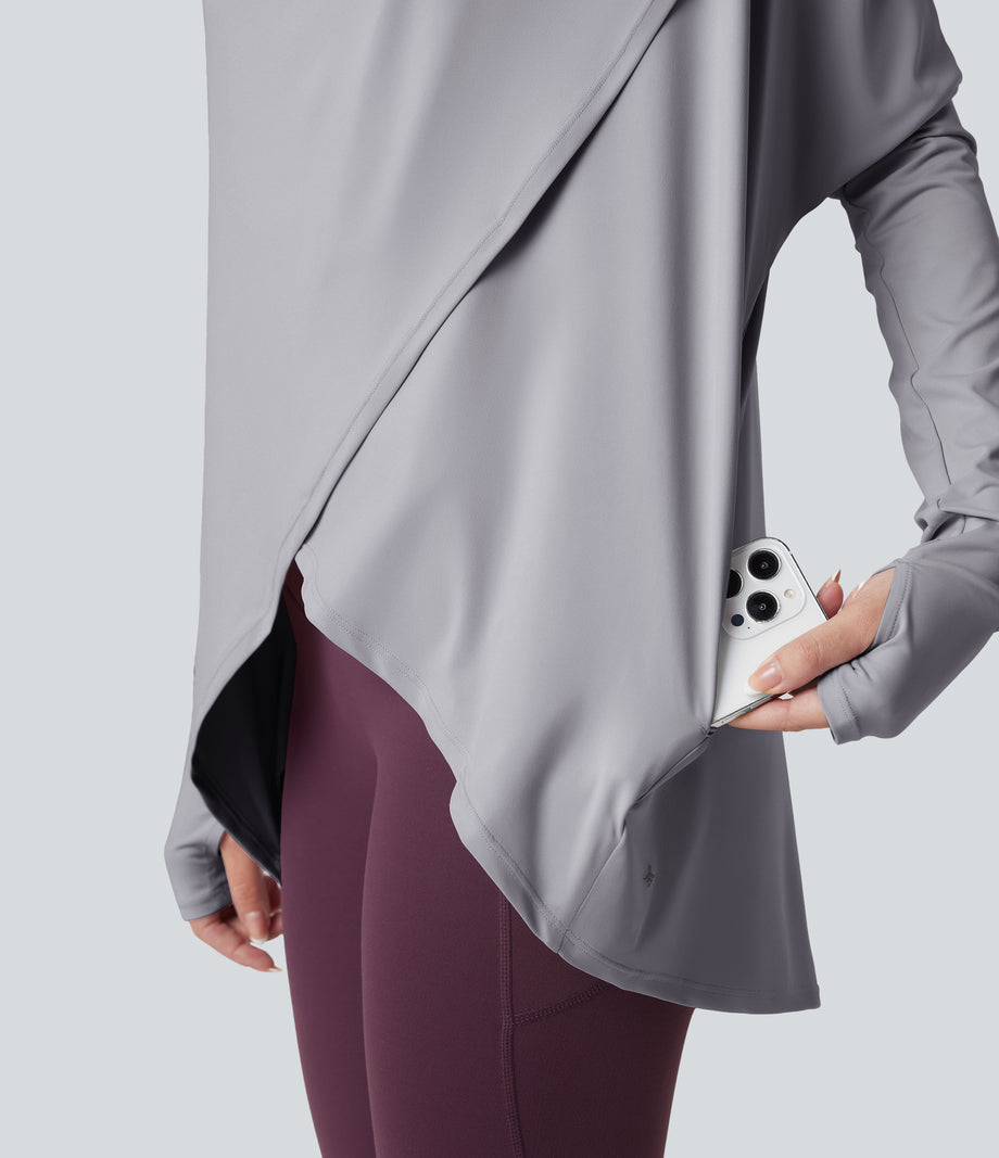 Hooded Cowl Neck Long Sleeve Thumb Hole Yoga Sports Top with Pockets - Mist Grey