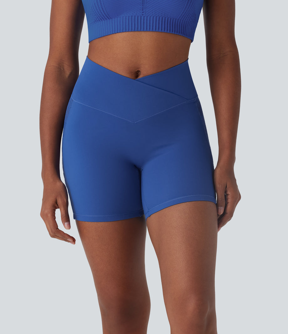 SoftlyZero™ High Waisted Crossover Contrast Lace Pocket Yoga Biker Shorts 5''-UPF50+ - Beaucoup Blue