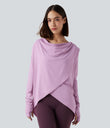 Hooded Cowl Neck Long Sleeve Thumb Hole Yoga Sports Top with Pockets - Orchid Bouquet