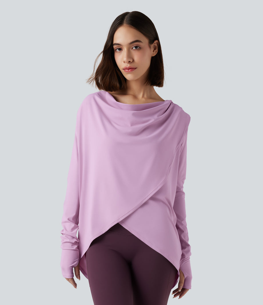 Hooded Cowl Neck Long Sleeve Thumb Hole Yoga Sports Top with Pockets - Orchid Bouquet