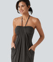 Halter Tie Back Mini Resort Dress with Pockets - Coffee Bean