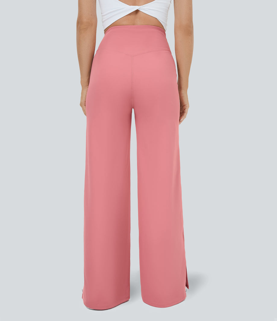 DayStretch Crossover Pocket Hem Wide Leg Yoga Pants-Smile - Candy Pink