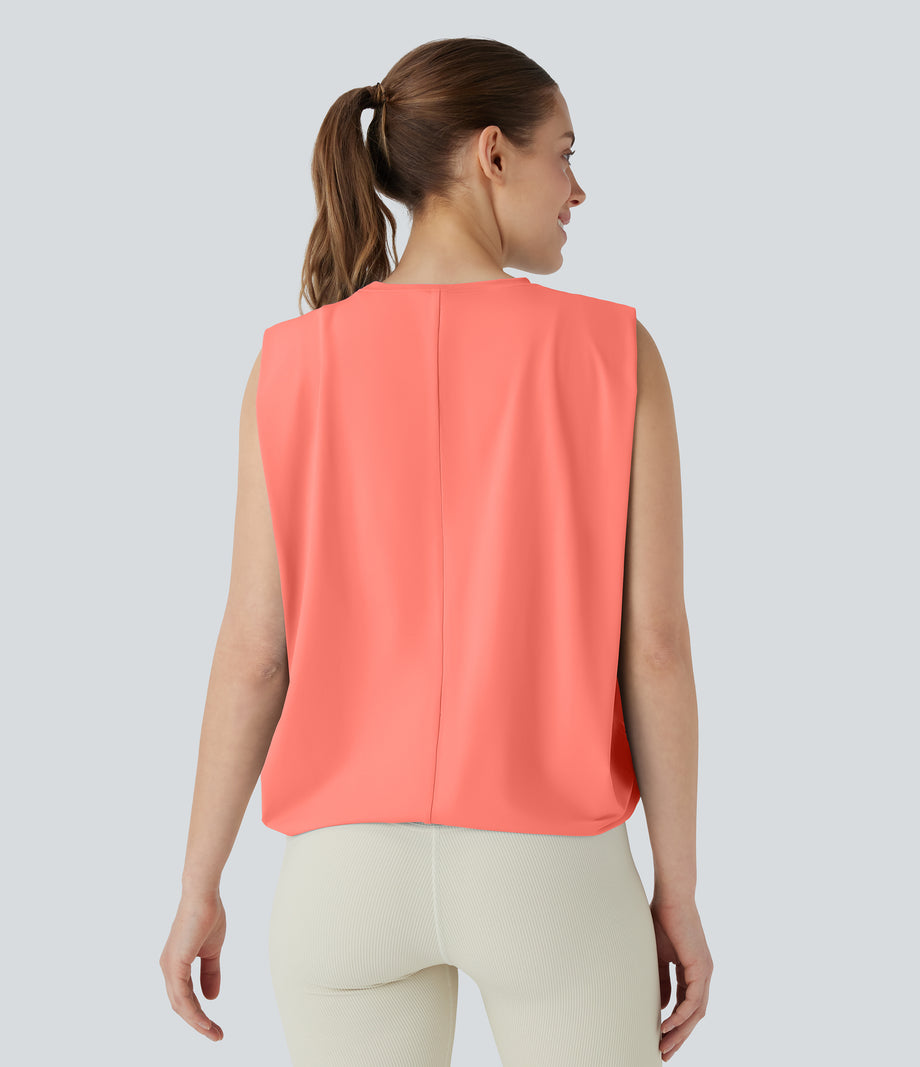 Round Neck Ruched Cool Touch Yoga Tank Top-UPF50+ - Fusion Coral