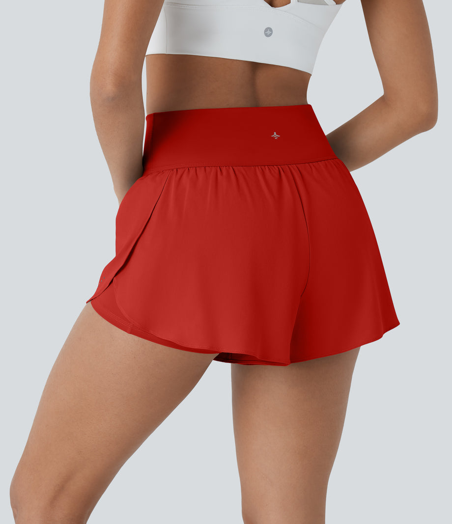 SoftlyZero™ QuickDry High Waisted Tummy Control Reflective Dots Crossover Hem 2-in-1 Running Shorts 3'' with Pockets - Valiant Poppy