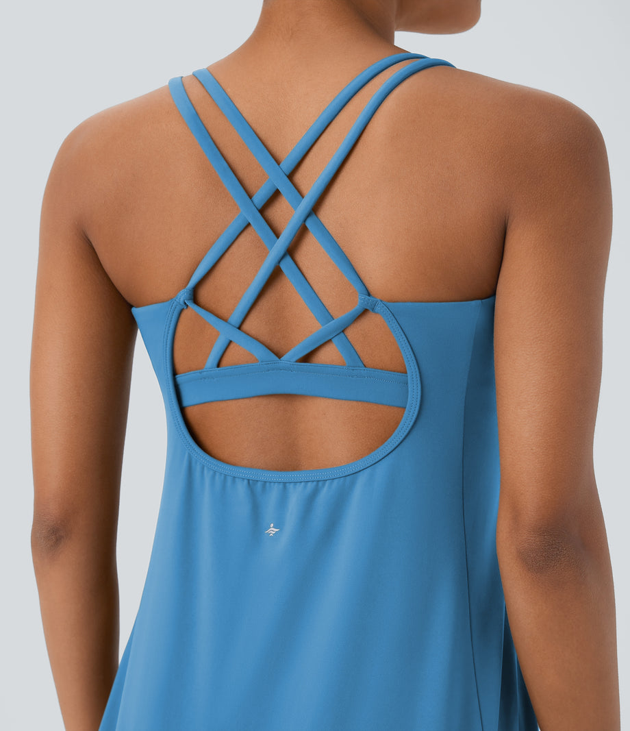 SoftlyZero™ Plush Cut Out Pocket 2-Piece Mini Yoga Active Dress - Bonnie Blue