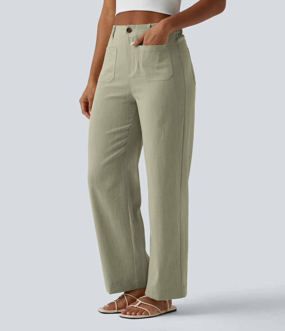 High Waisted Straight Leg Casual Linen-Feel Pants with Pockets - Sunveil Cream Yellow