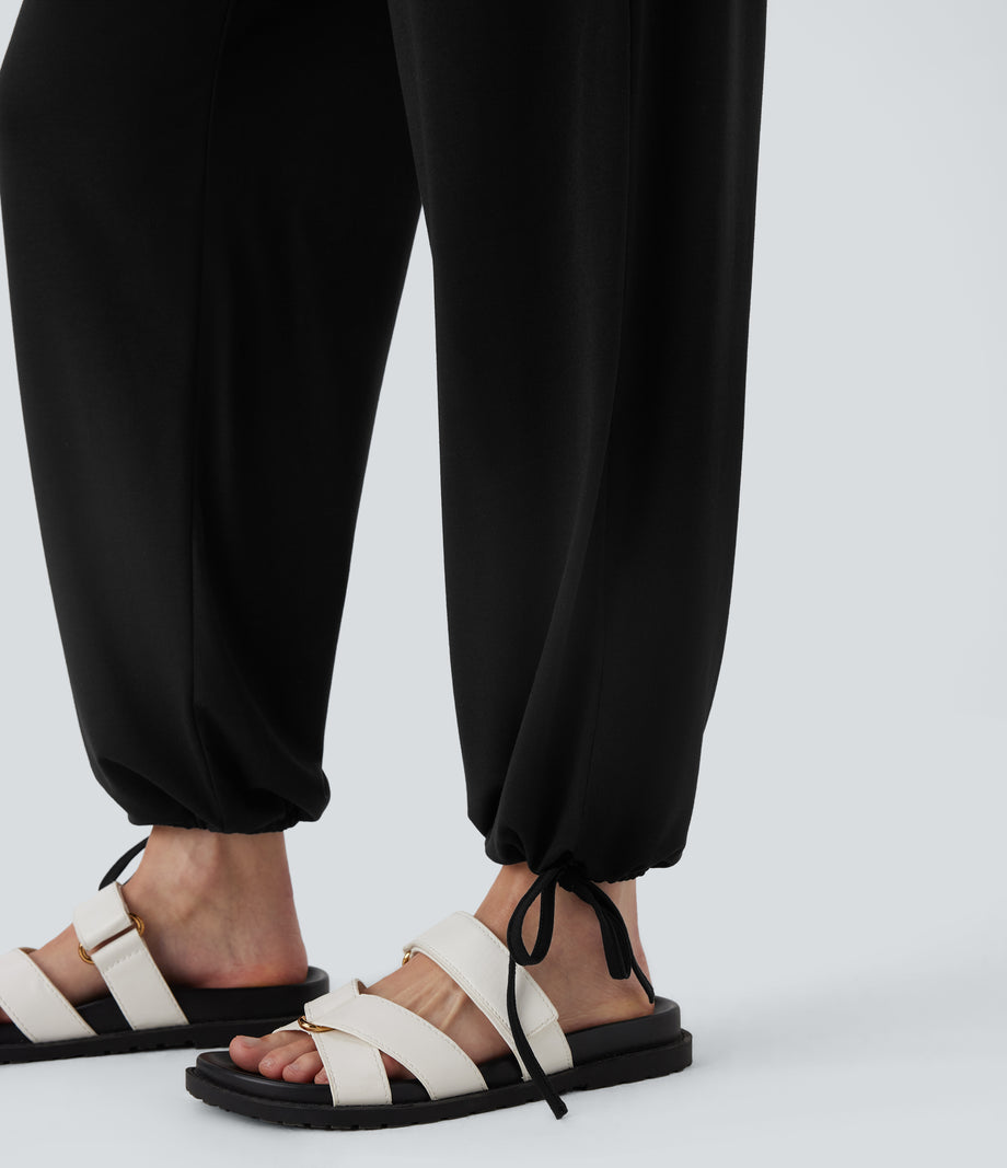 Crossover High Waisted Pocket Drawstring Casual Joggers - Black