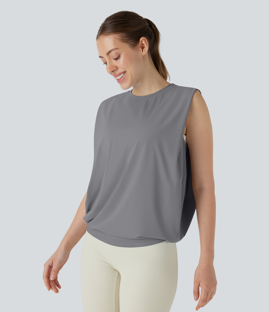 Round Neck Ruched Cool Touch Yoga Tank Top-UPF50+ - Night Owl