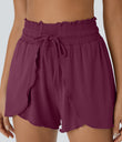 Frill High Waisted Elastic Waistband Drawstring Flowy Stacked Casual Shorts 3" - Red Violet