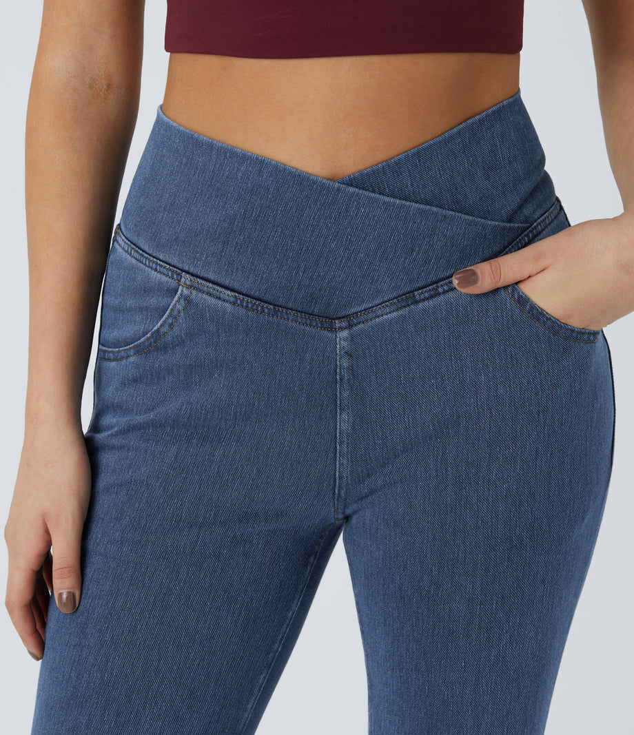 Halara Flex™ High Waisted Crossover Pocket Washed Casual Jeans - Washed Denim Bleached Blue