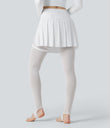Breezeful™ High Waisted Pleated 2-in-1 Contrast Mesh Quick Dry Dance Stirrup Skirted Leggings with Pockets - White