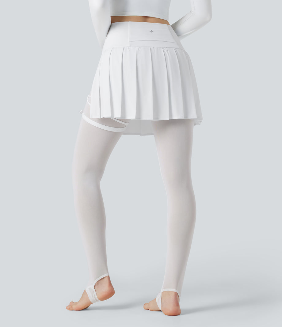 Breezeful™ High Waisted Pleated 2-in-1 Contrast Mesh Quick Dry Dance Stirrup Skirted Leggings with Pockets - White