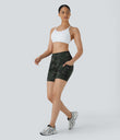 High Waisted Pocket Running Biker Shorts - Green Camo