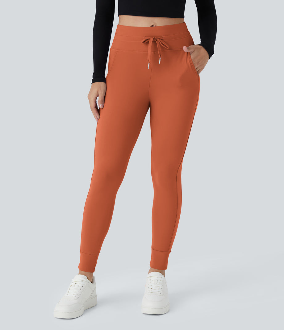 SoftlyZero™ Plush High Waisted Drawstring Pocket Plain Full Length Joggers - Orange Rust