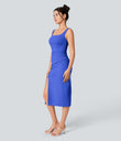 SoftlyZero™ Airy Square Neck Backless Corset Ruched Split Bodycon Midi Cool Touch Bridesmaid and Wedding Guest Dress - Aster Blue