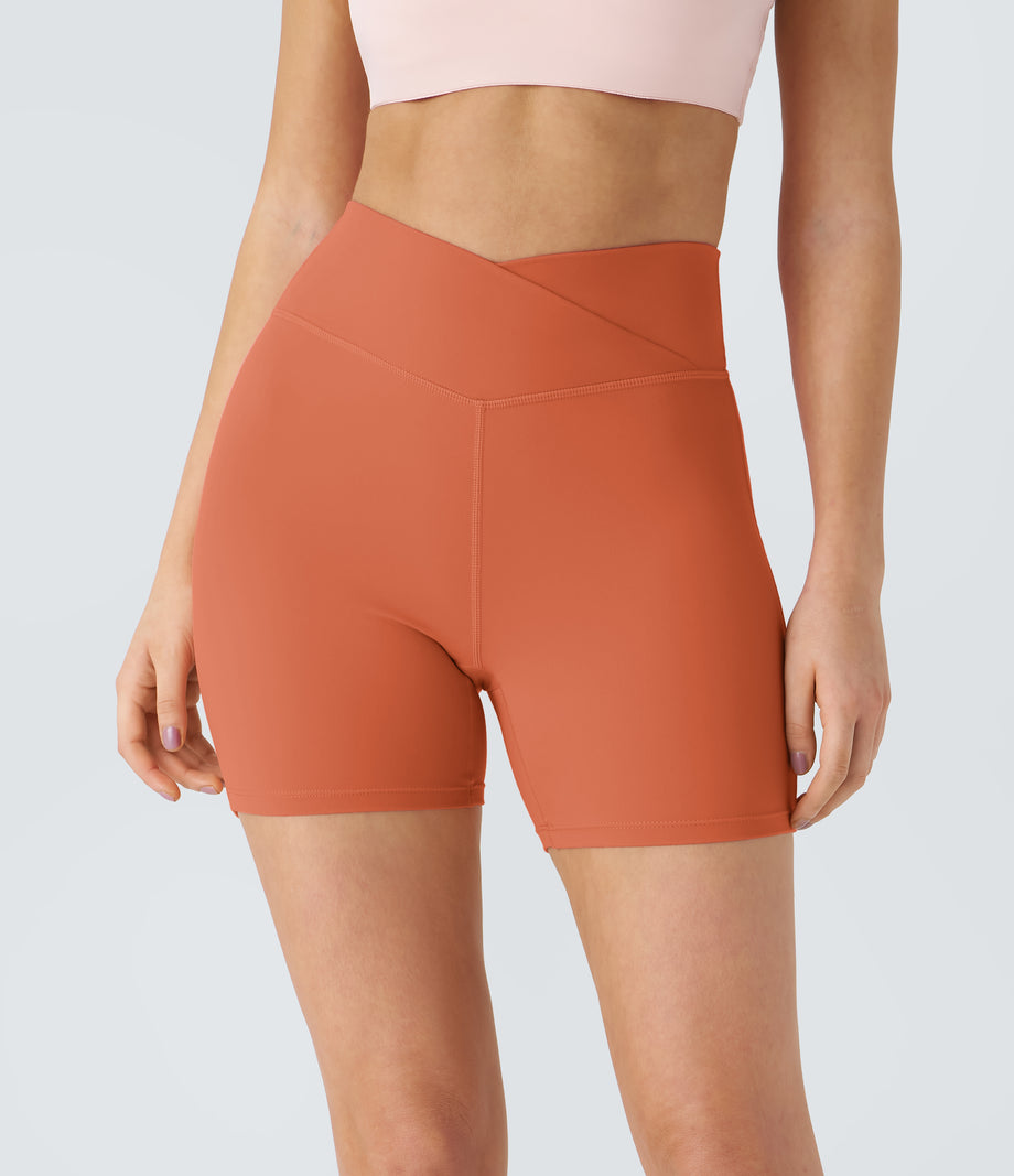 SoftlyZero™ Plush High Waisted Crossover Ruched Yoga Shorts 5'' - Orange Rust