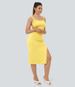 Ruched Lace Up Bodycon Midi Casual Dress - Goldfinch