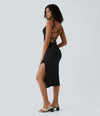 Ruched Lace Up Bodycon Midi Casual Dress - Black