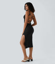 Ruched Lace Up Bodycon Midi Casual Dress - Black