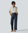 High Waisted Straight Leg Casual Linen-Feel Pants with Pockets - Deep Secluded Blue