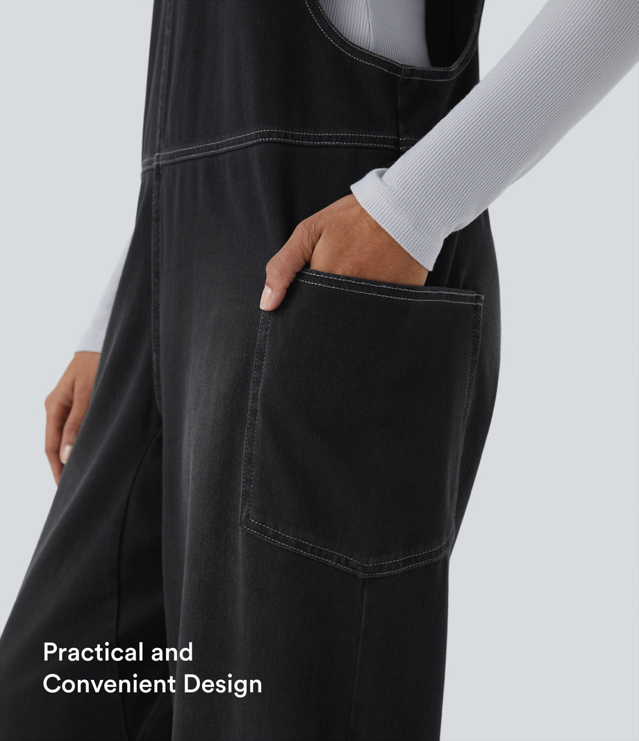 Halara Flex™ V Neck Pocket Washed Denim Casual Overalls - Dirty Grey Black Denim