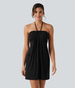 Halter Tie Back Mini Resort Dress with Pockets - Black