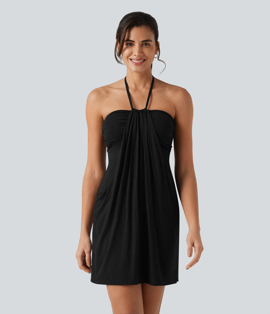 Halter Tie Back Mini Resort Dress with Pockets - Black