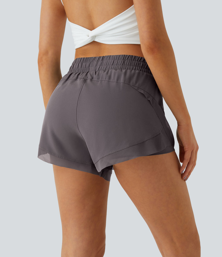 Mid Rise Drawstring Contrast Mesh 2-in-1 Flowy Running Shorts 3'' - Sparrow
